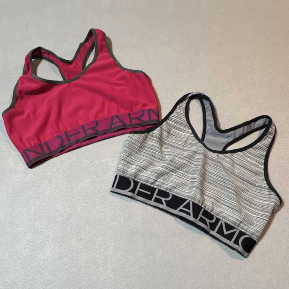 Under Armour Girls Sports Bras Pink & Gray Black Racerback Wireless Striped Lot
